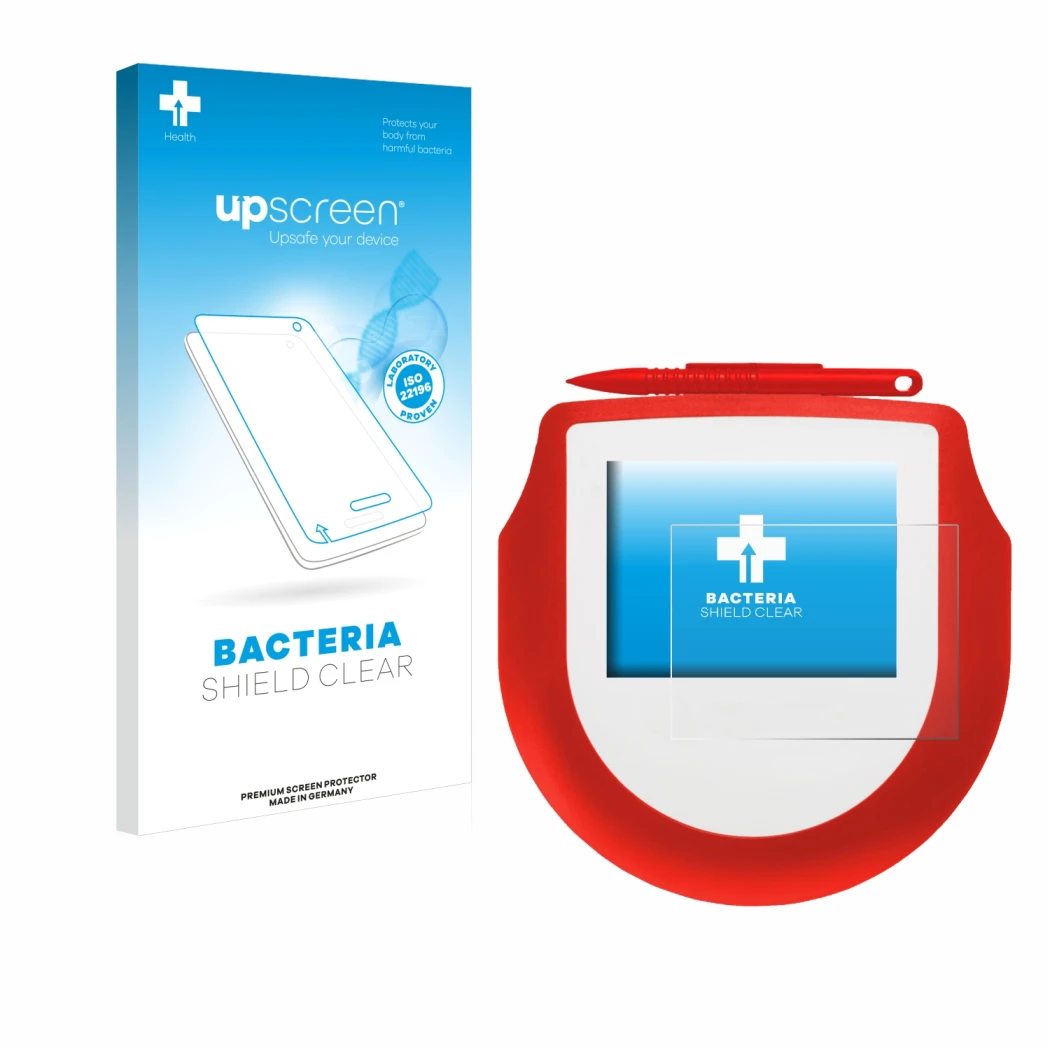 Vorderseite einer Produktverpackung mit dem Markenlogo upscreen. Daneben ist das Gerät Signotec Signature Pad Omega NFC mit de