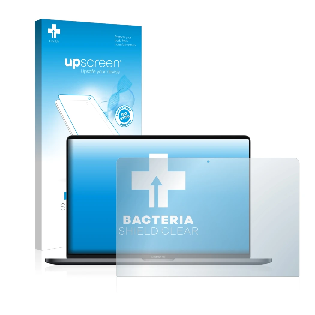 Vorderseite einer Produktverpackung mit dem Markenlogo upscreen. Daneben ist das Gerät Apple MacBook Pro 13