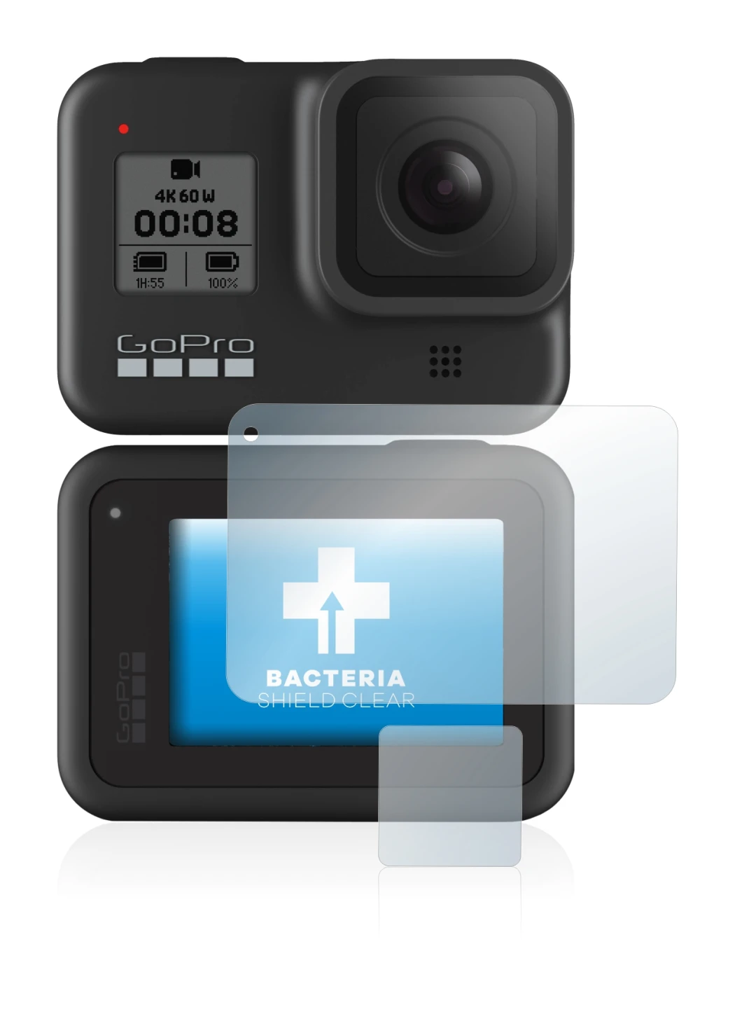 Abbildung des Geräts GoPro Hero 8 Black mit einer Vielzahl des Displayschutzes.