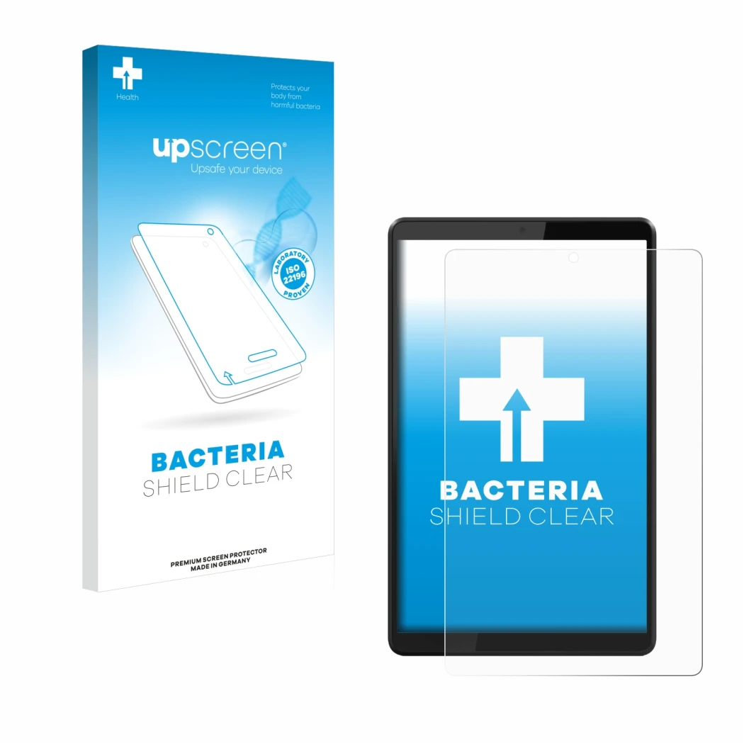 Vorderseite einer Produktverpackung mit dem Markenlogo upscreen. Daneben ist das Gerät Lenovo Tab M8 mit dem zugehörigen Displ