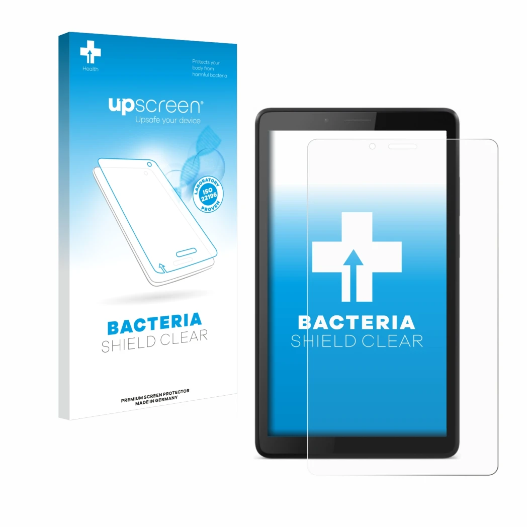 Vorderseite einer Produktverpackung mit dem Markenlogo upscreen. Daneben ist das Gerät Lenovo Tab M7 mit dem zugehörigen Displ