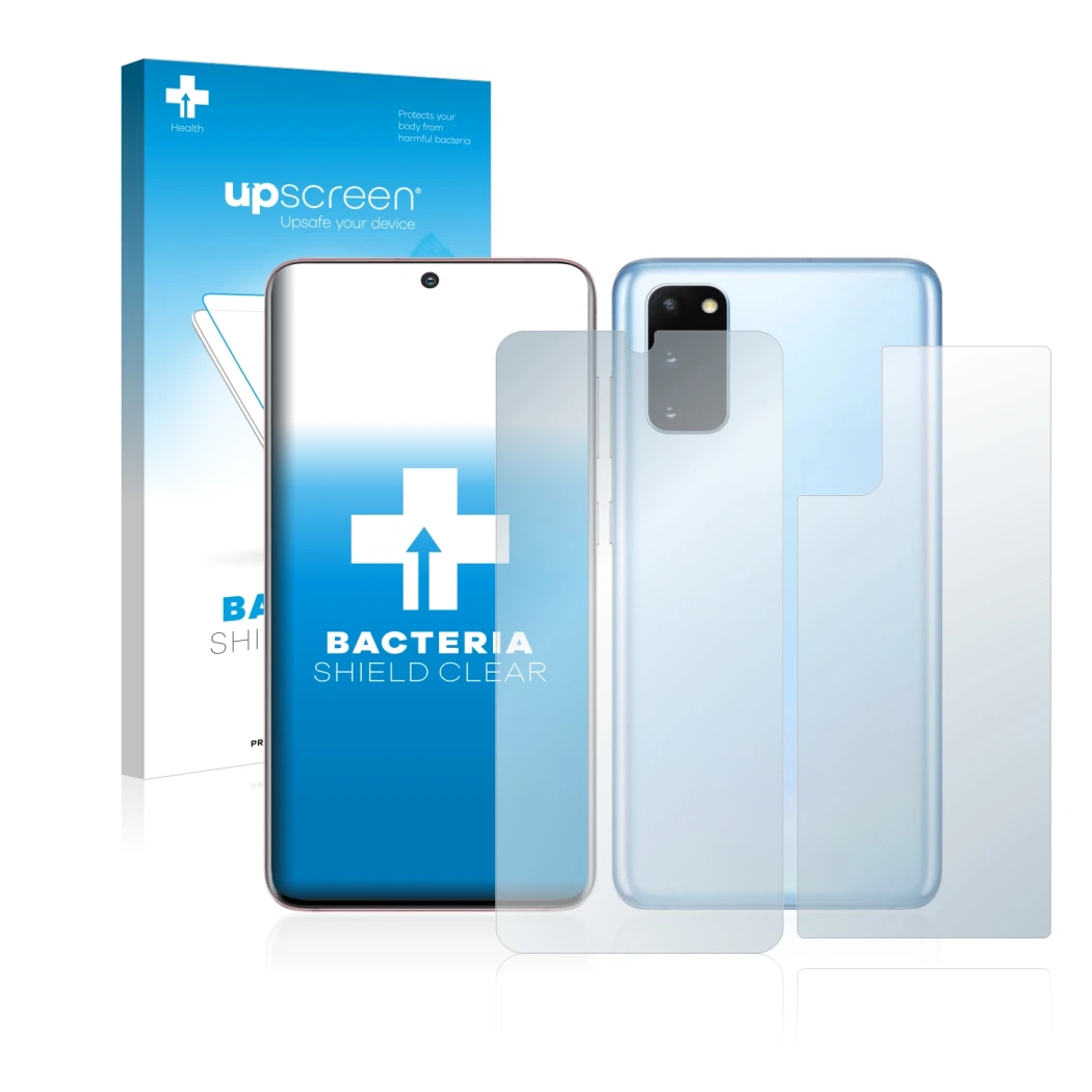 Vorderseite einer Produktverpackung mit dem Markenlogo upscreen. Daneben ist das Gerät Samsung Galaxy S20 (Display+Rückseite) 