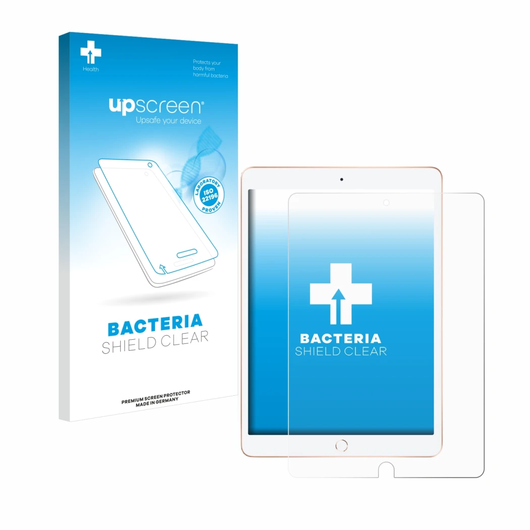 Vorderseite einer Produktverpackung mit dem Markenlogo upscreen. Daneben ist das Gerät Apple iPad 10.2