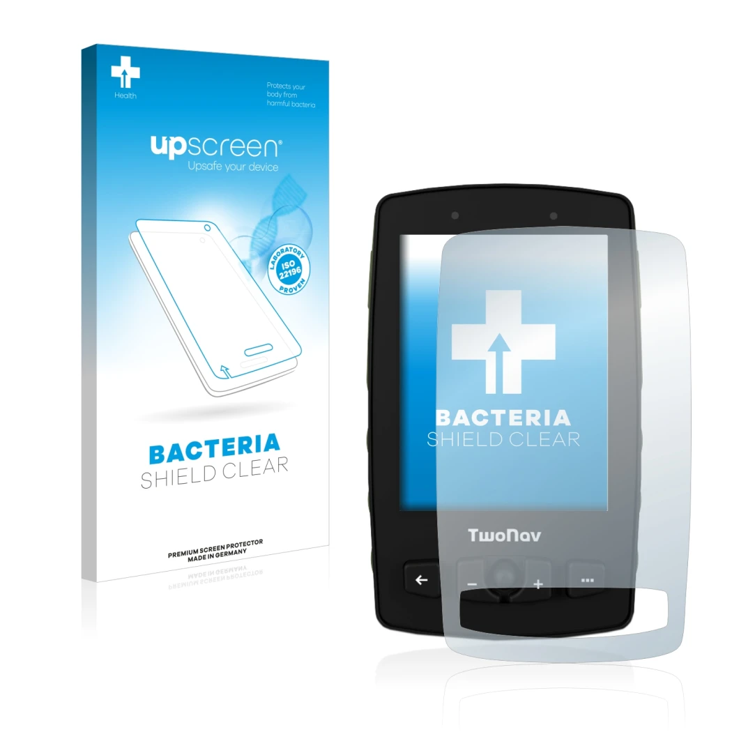 Vorderseite einer Produktverpackung mit dem Markenlogo upscreen. Daneben ist das Gerät TwoNav Aventura 2 mit dem zugehörigen D