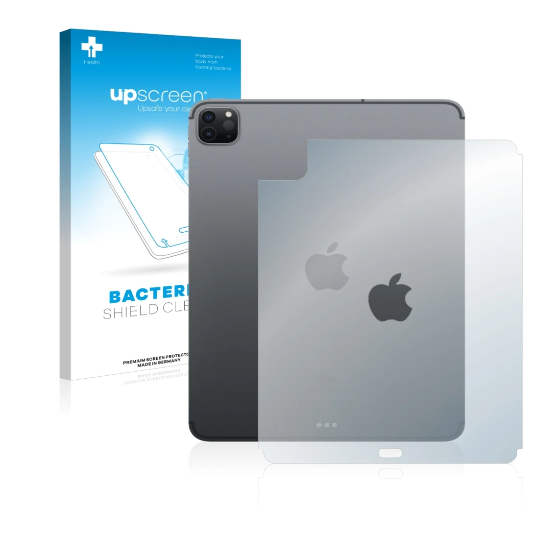 Vorderseite einer Produktverpackung mit dem Markenlogo upscreen. Daneben ist das Gerät Apple iPad Pro 11