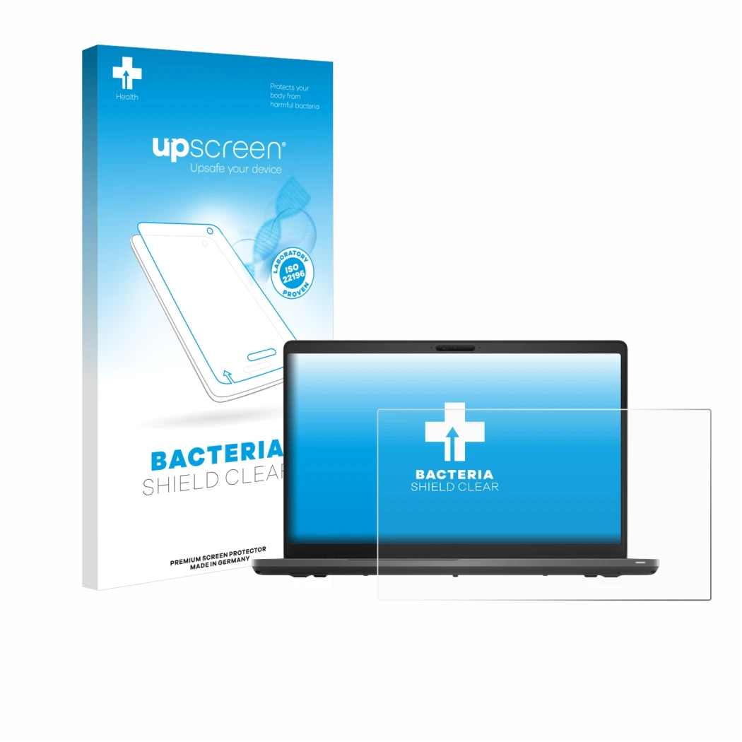 Vorderseite einer Produktverpackung mit dem Markenlogo upscreen. Daneben ist das Gerät Dell Latitude 5500 mit dem zugehörigen 