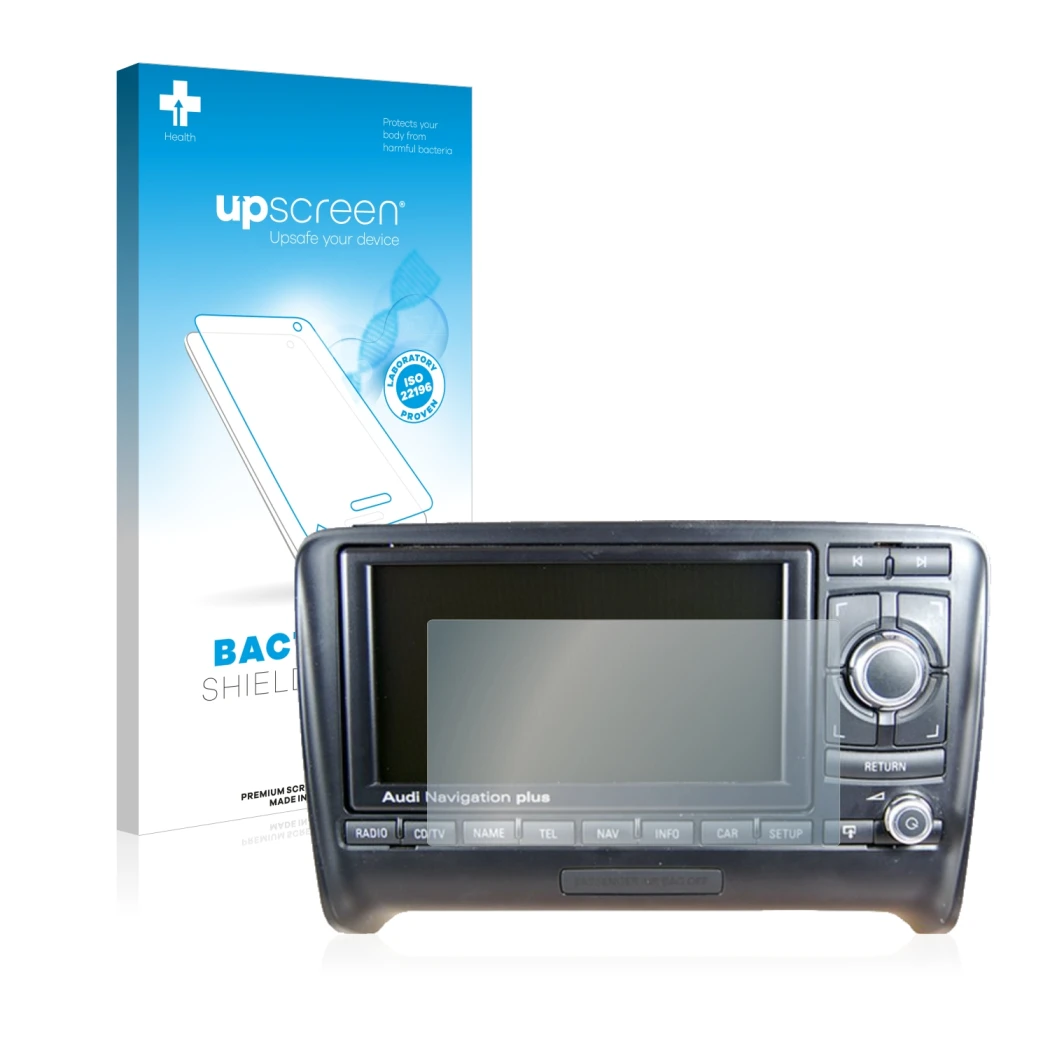 Vorderseite einer Produktverpackung mit dem Markenlogo upscreen. Daneben ist das Gerät Audi A4 8E 2004-2009 RNS-E mit dem zuge