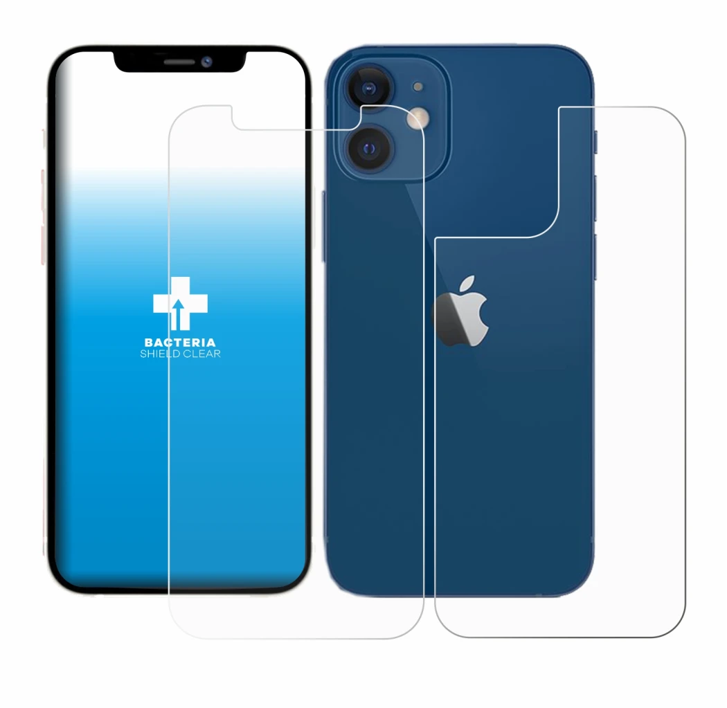 Abbildung des Geräts Apple iPhone 12 (Display+Rückseite) mit einer Vielzahl des Displayschutzes.