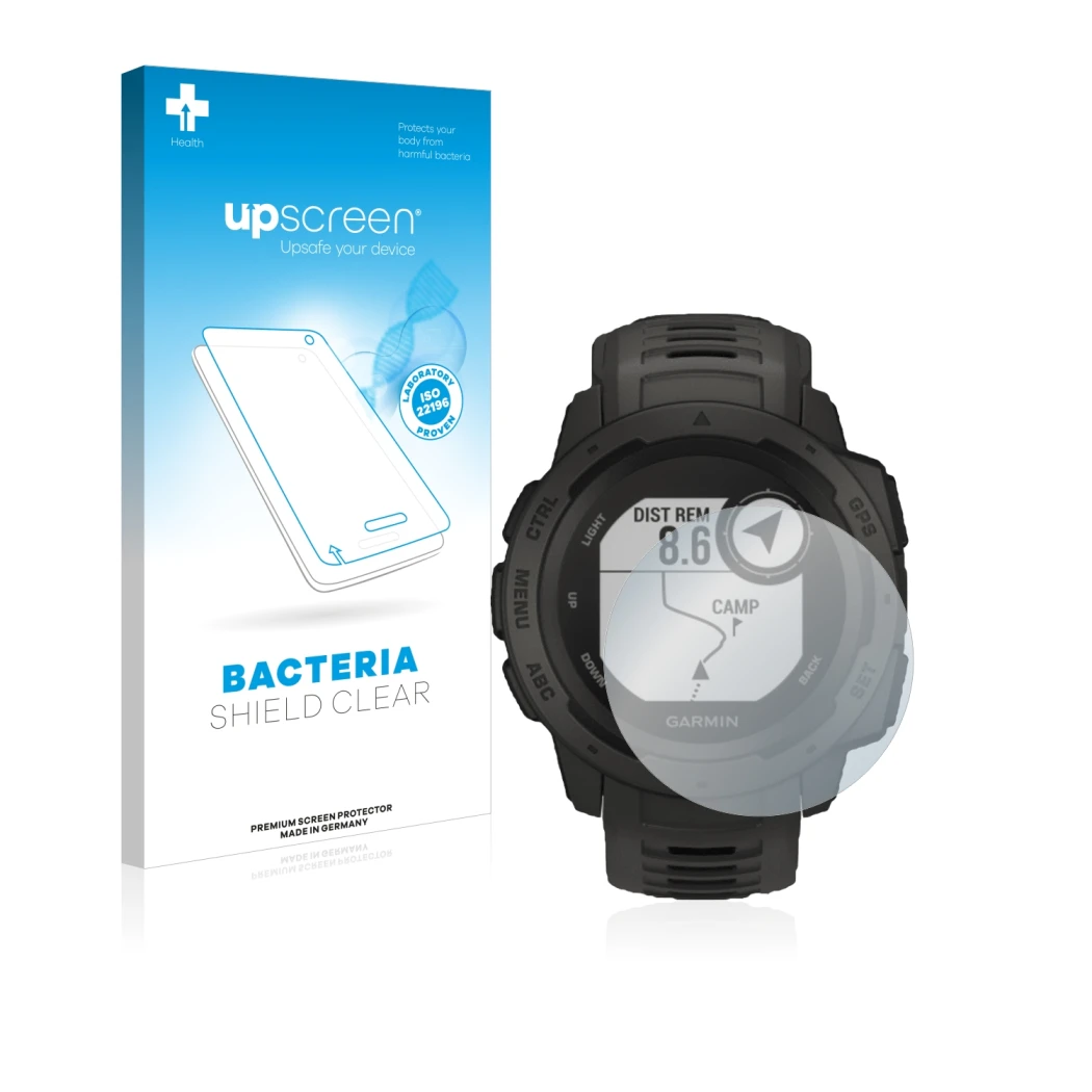 Vorderseite einer Produktverpackung mit dem Markenlogo upscreen. Daneben ist das Gerät Garmin Instinct Solar mit dem zugehörig