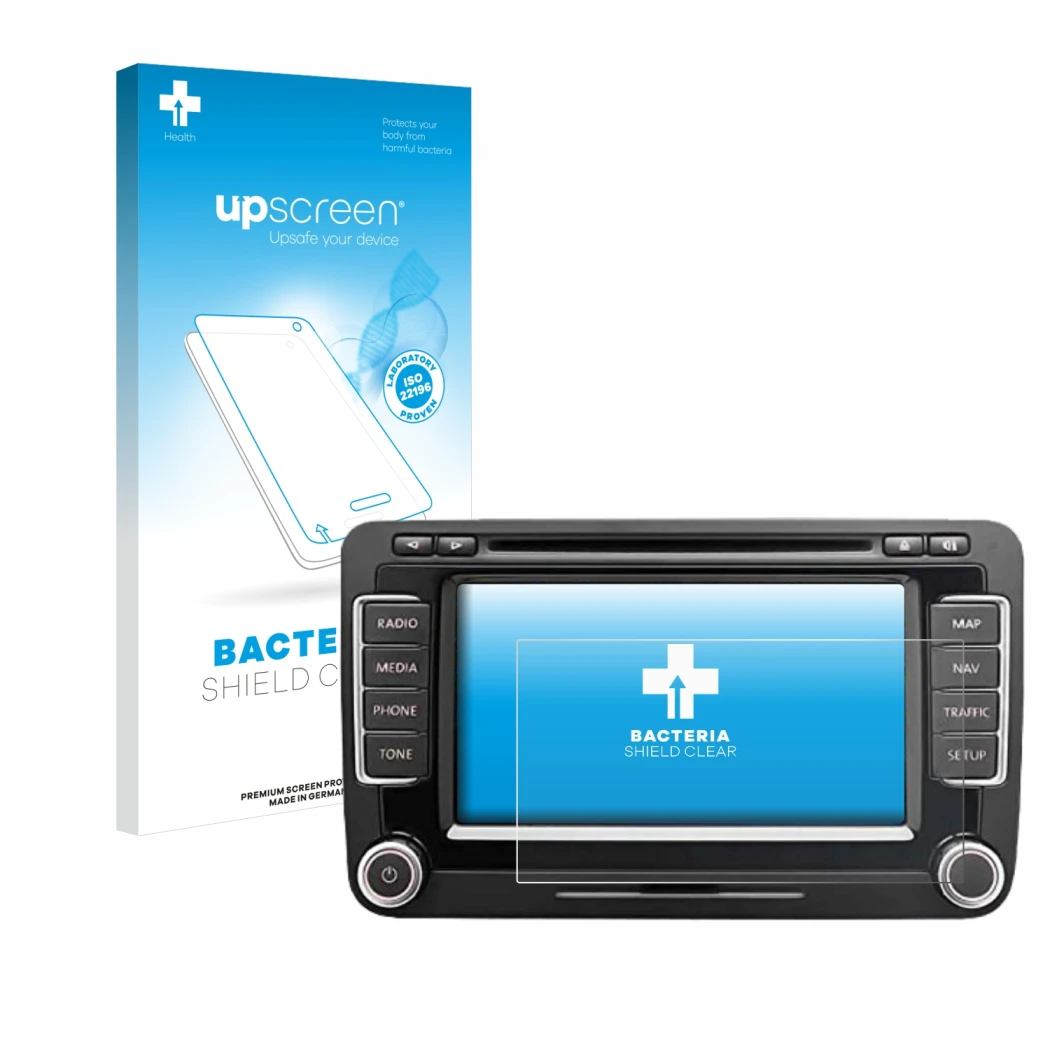 Vorderseite einer Produktverpackung mit dem Markenlogo upscreen. Daneben ist das Gerät Volkswagen Eos 2011 RNS 510 6.5