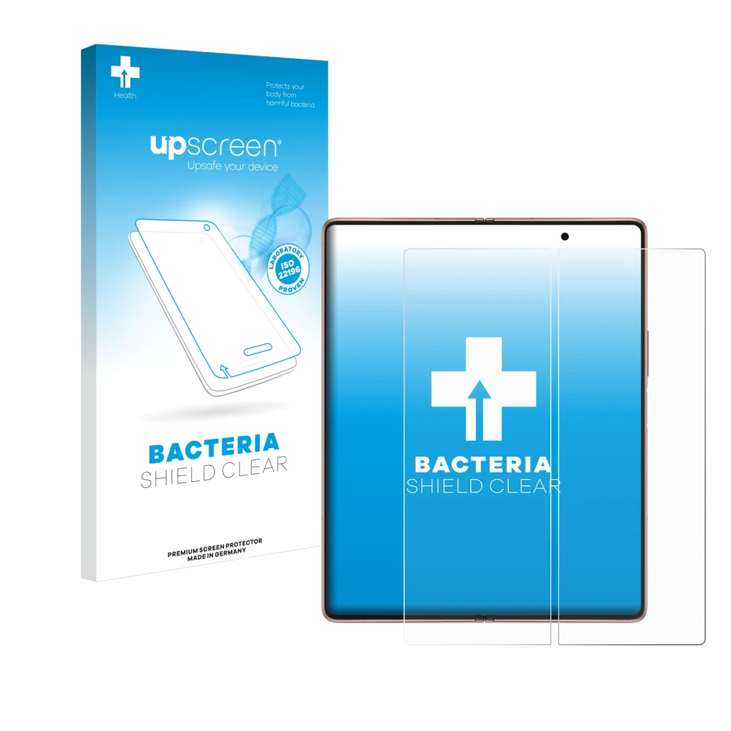 Vorderseite einer Produktverpackung mit dem Markenlogo upscreen. Daneben ist das Gerät Samsung Galaxy Z Fold 2 5G (Inneres Dis