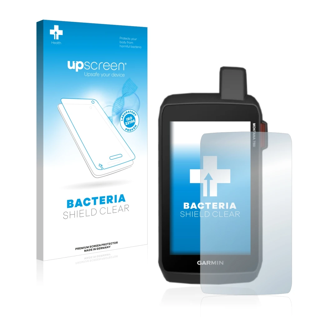 Vorderseite einer Produktverpackung mit dem Markenlogo upscreen. Daneben ist das Gerät Garmin Montana 750i mit dem zugehörigen