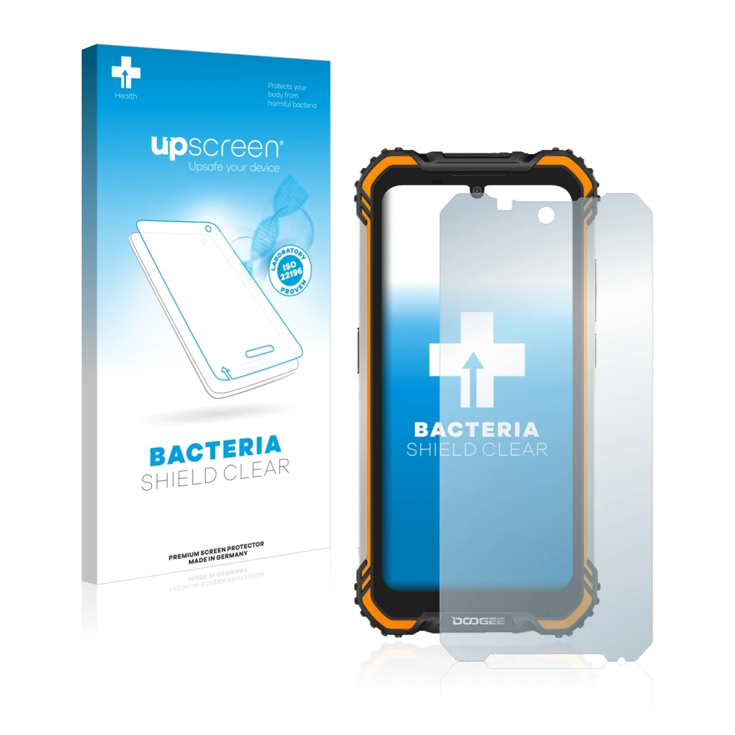 Vorderseite einer Produktverpackung mit dem Markenlogo upscreen. Daneben ist das Gerät Doogee S58 Pro mit dem zugehörigen Disp