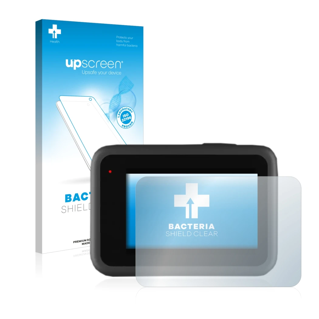 Vorderseite einer Produktverpackung mit dem Markenlogo upscreen. Daneben ist das Gerät GoPro Hero 9 Black mit dem zugehörigen 