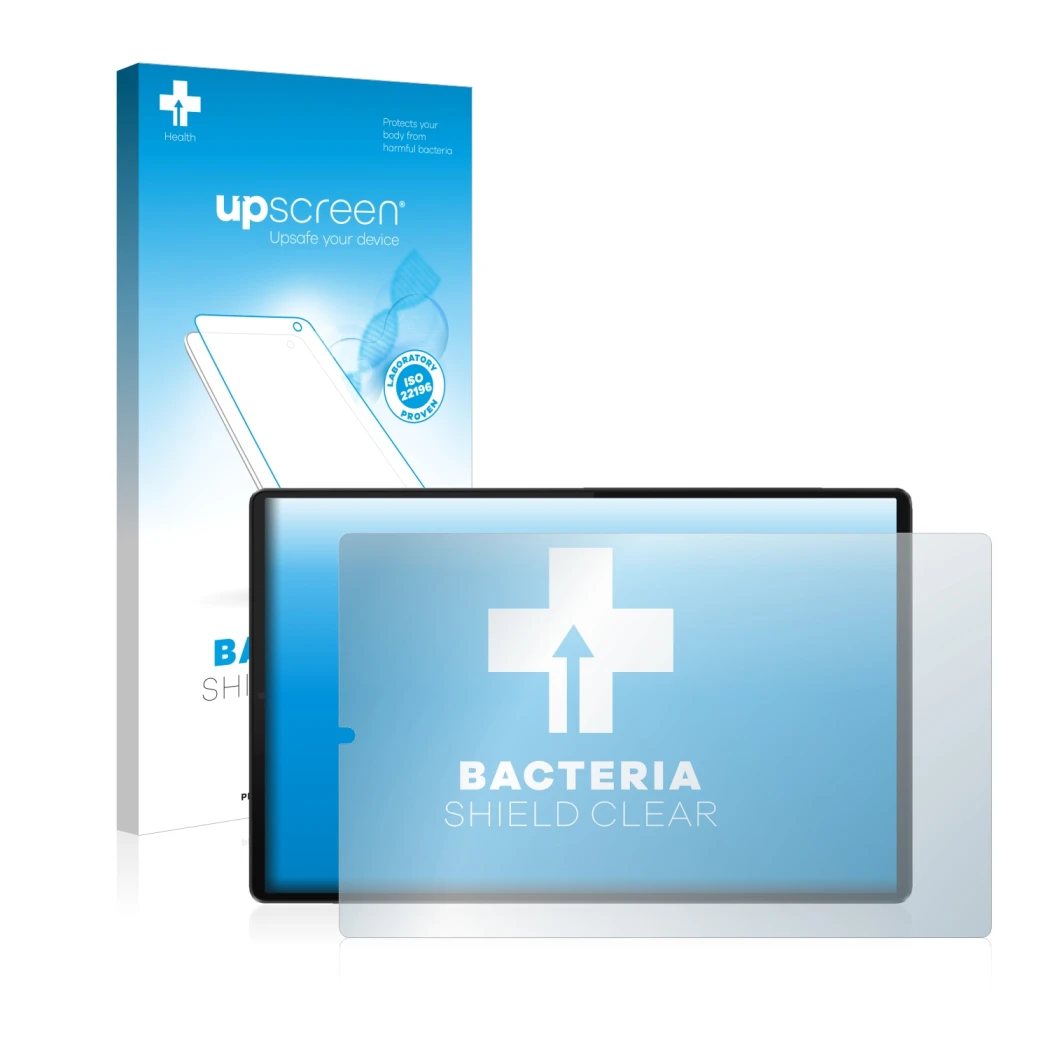 Vorderseite einer Produktverpackung mit dem Markenlogo upscreen. Daneben ist das Gerät Lenovo Tab M10 FHD Plus (im Querformat)