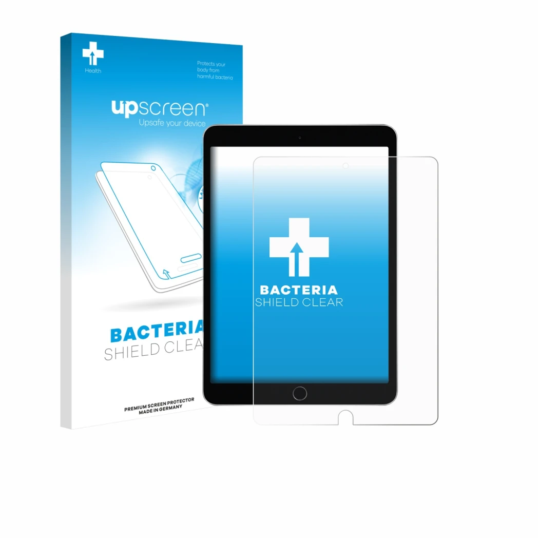 Vorderseite einer Produktverpackung mit dem Markenlogo upscreen. Daneben ist das Gerät Apple iPad 10.2