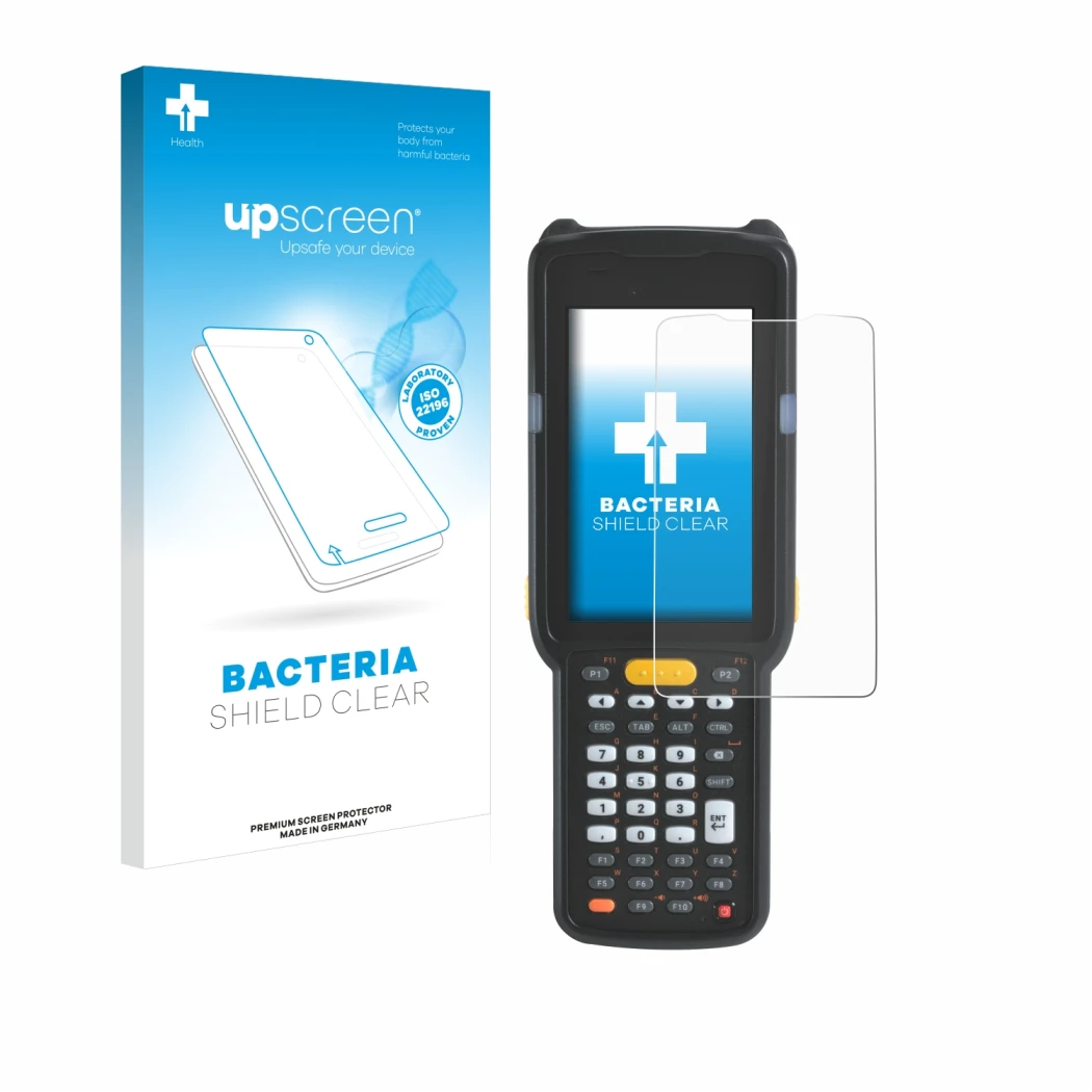 Vorderseite einer Produktverpackung mit dem Markenlogo upscreen. Daneben ist das Gerät Zebra MC330L mit dem zugehörigen Displa