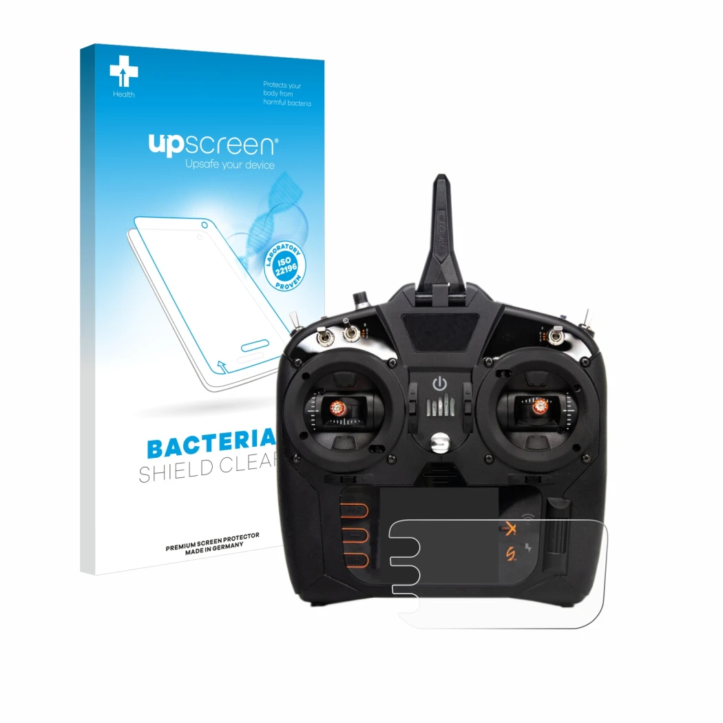 Vorderseite einer Produktverpackung mit dem Markenlogo upscreen. Daneben ist das Gerät Spektrum NX8 mit dem zugehörigen Displa