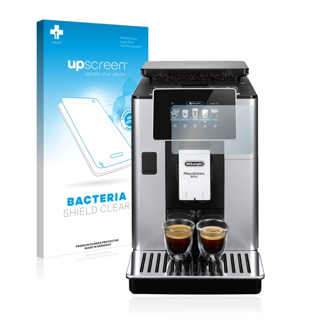 Vorderseite einer Produktverpackung mit dem Markenlogo upscreen. Daneben ist das Gerät DeLonghi PrimaDonna Soul ECAM610.55.SB 