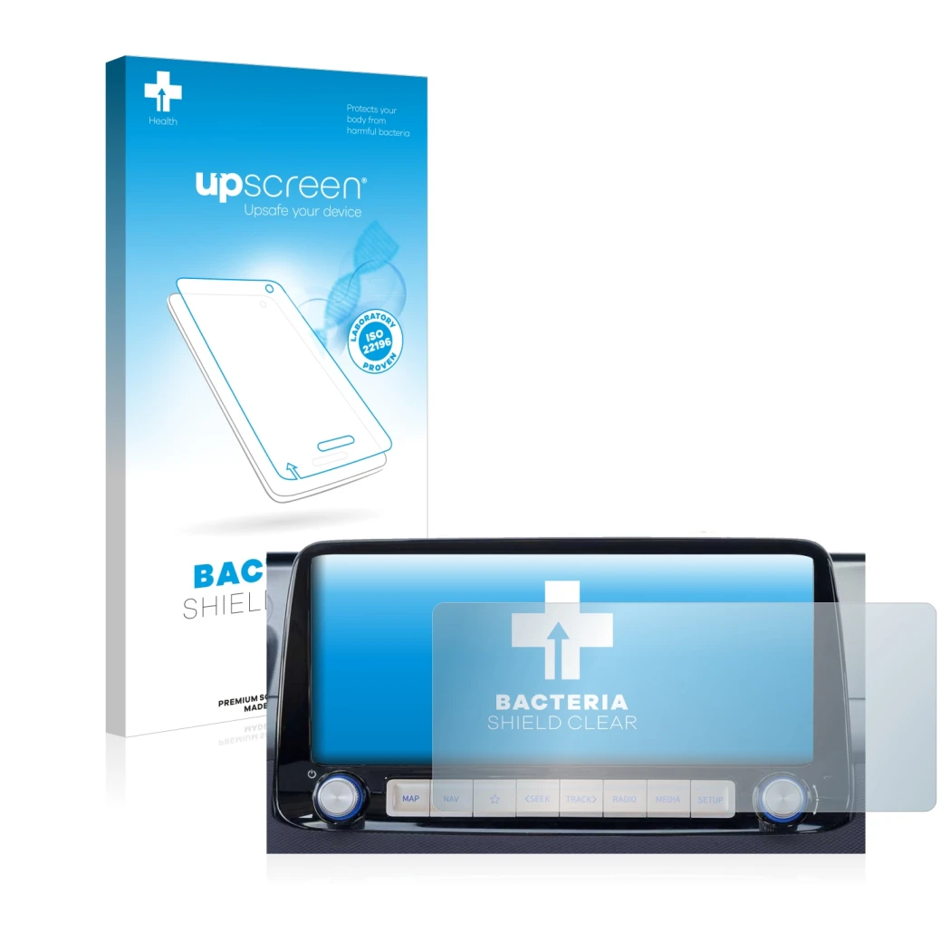 Vorderseite einer Produktverpackung mit dem Markenlogo upscreen. Daneben ist das Gerät Hyundai Kona 2020 Infotainment System 1