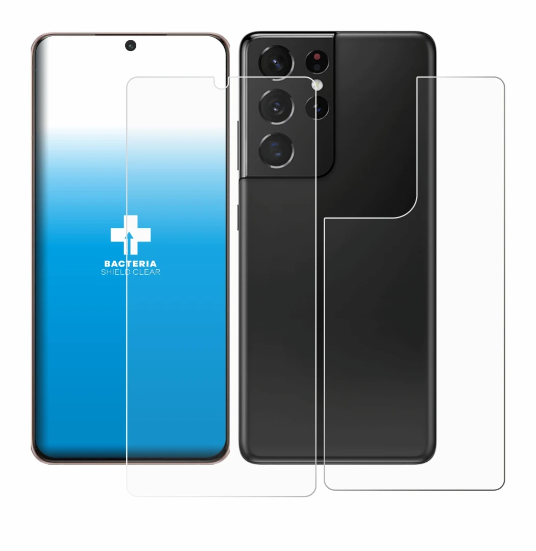 Abbildung des Geräts Samsung Galaxy S21 Ultra 5G (Display+Rückseite) mit einer Vielzahl des Displayschutzes.
