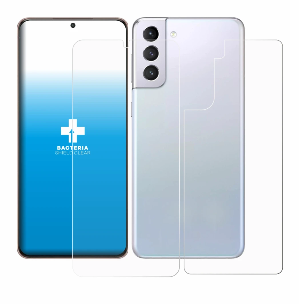 Abbildung des Geräts Samsung Galaxy S21 Plus 5G (Display+Rückseite) mit einer Vielzahl des Displayschutzes.