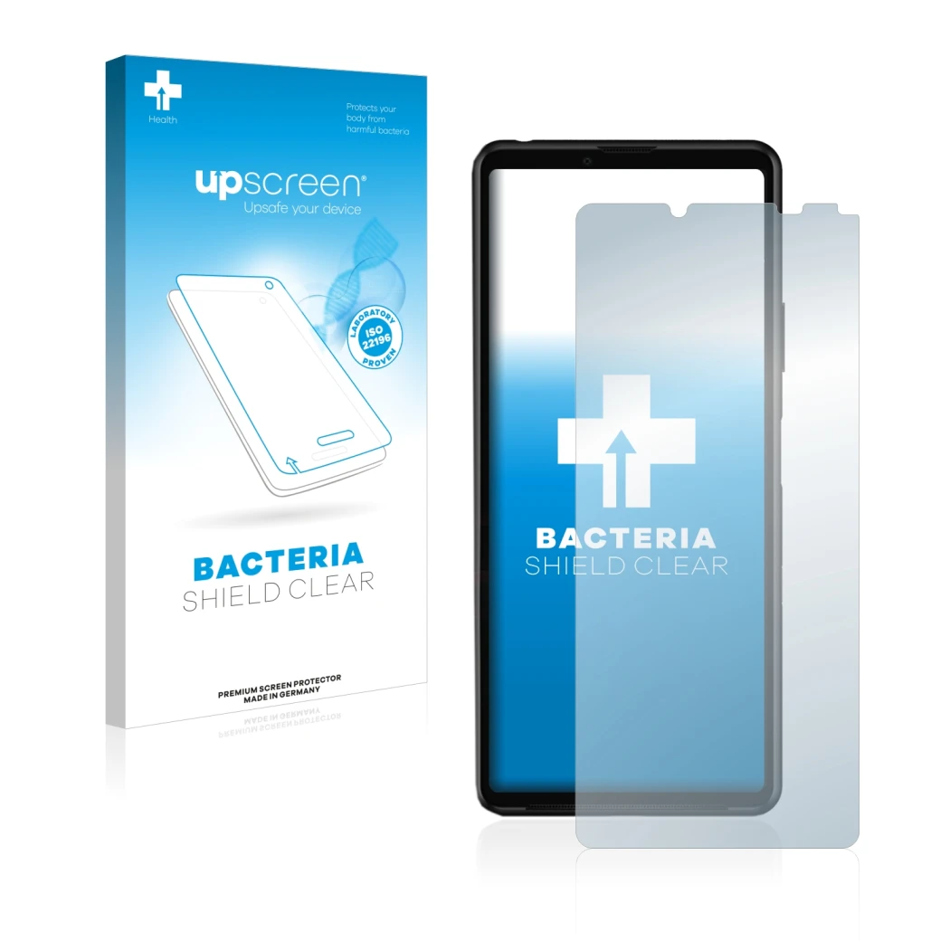 Vorderseite einer Produktverpackung mit dem Markenlogo upscreen. Daneben ist das Gerät Sony Xperia 10 III mit dem zugehörigen 