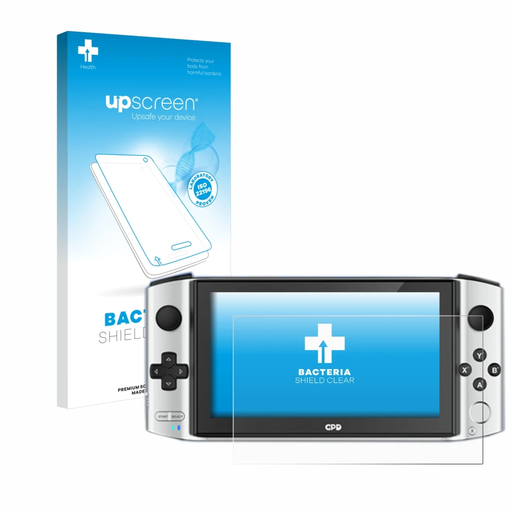 Vorderseite einer Produktverpackung mit dem Markenlogo upscreen. Daneben ist das Gerät GPD Win 3 mit dem zugehörigen Displaysc