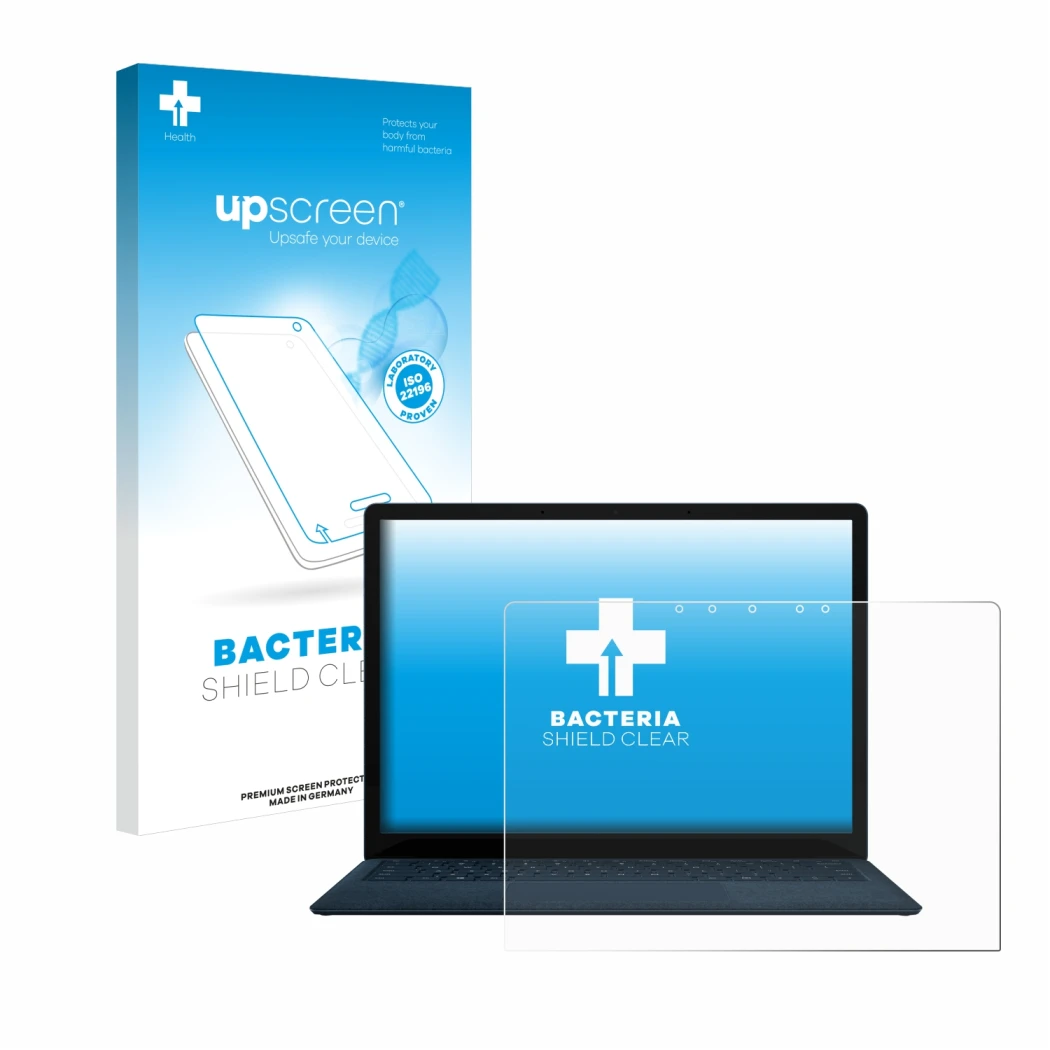 Vorderseite einer Produktverpackung mit dem Markenlogo upscreen. Daneben ist das Gerät Microsoft Surface Laptop 4 13.5