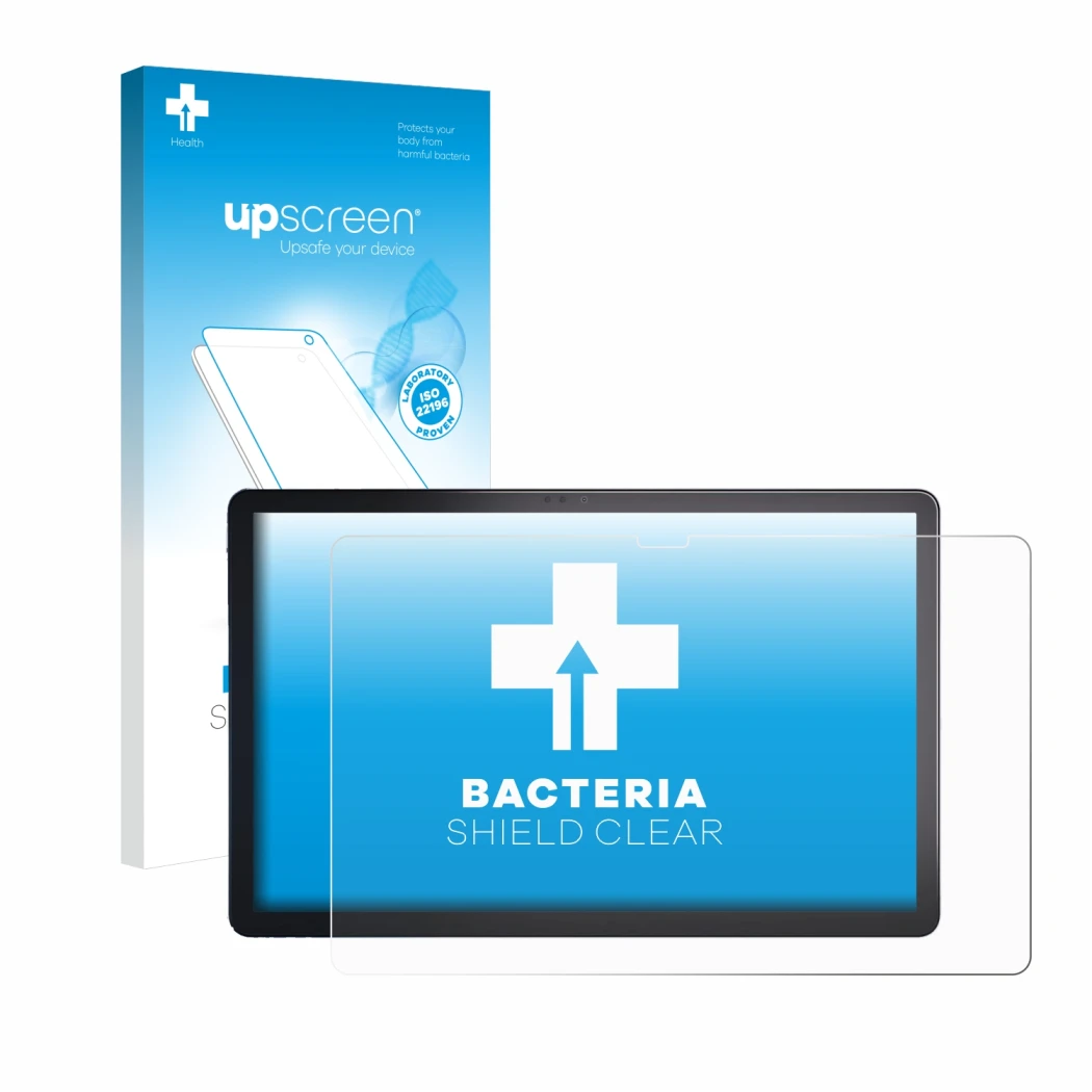 Vorderseite einer Produktverpackung mit dem Markenlogo upscreen. Daneben ist das Gerät Lenovo Tab P11 Plus mit dem zugehörigen