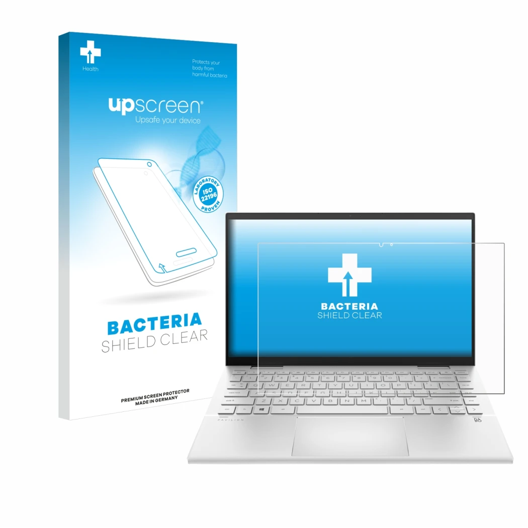 Vorderseite einer Produktverpackung mit dem Markenlogo upscreen. Daneben ist das Gerät HP Pavilion x360 (14-dyX) mit dem zugeh