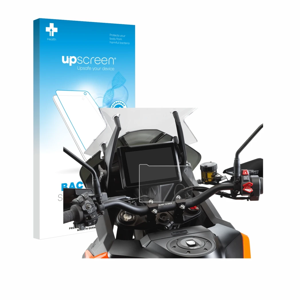 Vorderseite einer Produktverpackung mit dem Markenlogo upscreen. Daneben ist das Gerät KTM 1290 Super Adventure S 2021 TFT 7