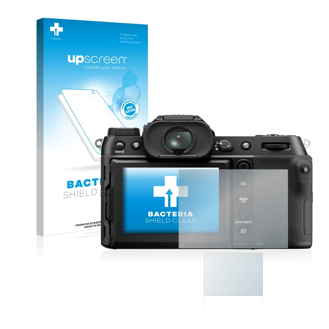 Vorderseite einer Produktverpackung mit dem Markenlogo upscreen. Daneben ist das Gerät Fujifilm GFX50S II mit dem zugehörigen 