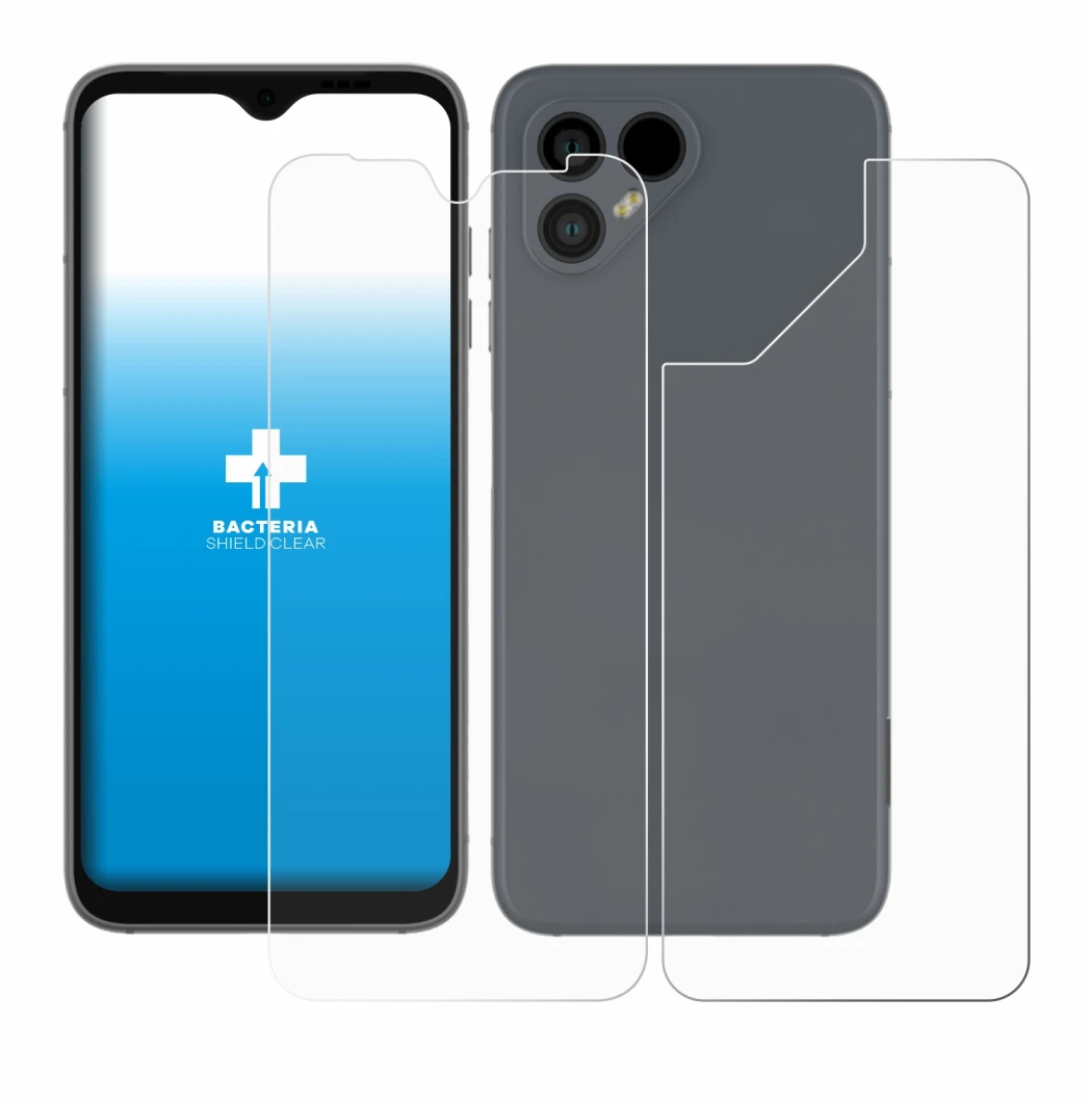 Abbildung des Geräts Fairphone 4 (Display+Rückseite) mit einer Vielzahl des Displayschutzes.