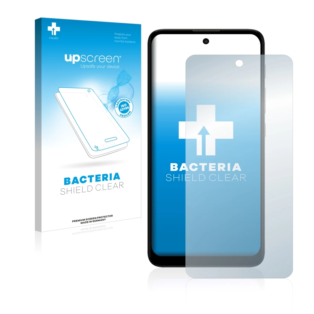 Vorderseite einer Produktverpackung mit dem Markenlogo upscreen. Daneben ist das Gerät Motorola Moto E40 mit dem zugehörigen D