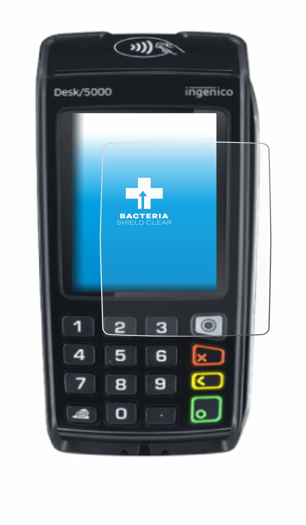 Abbildung des Geräts ingenico Desk/5000 mit einer Vielzahl des Displayschutzes.