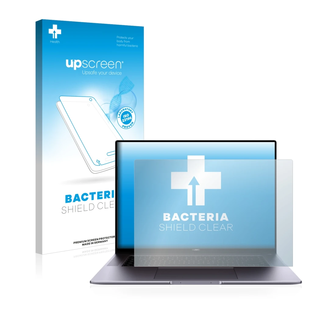 Vorderseite einer Produktverpackung mit dem Markenlogo upscreen. Daneben ist das Gerät Huawei MateBook 16 mit dem zugehörigen 