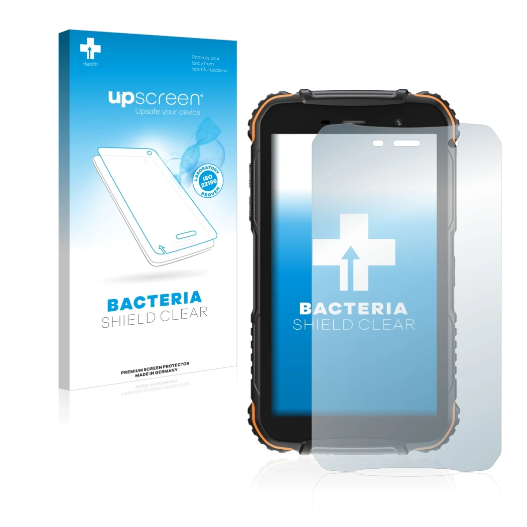 Vorderseite einer Produktverpackung mit dem Markenlogo upscreen. Daneben ist das Gerät Doogee S35T mit dem zugehörigen Display