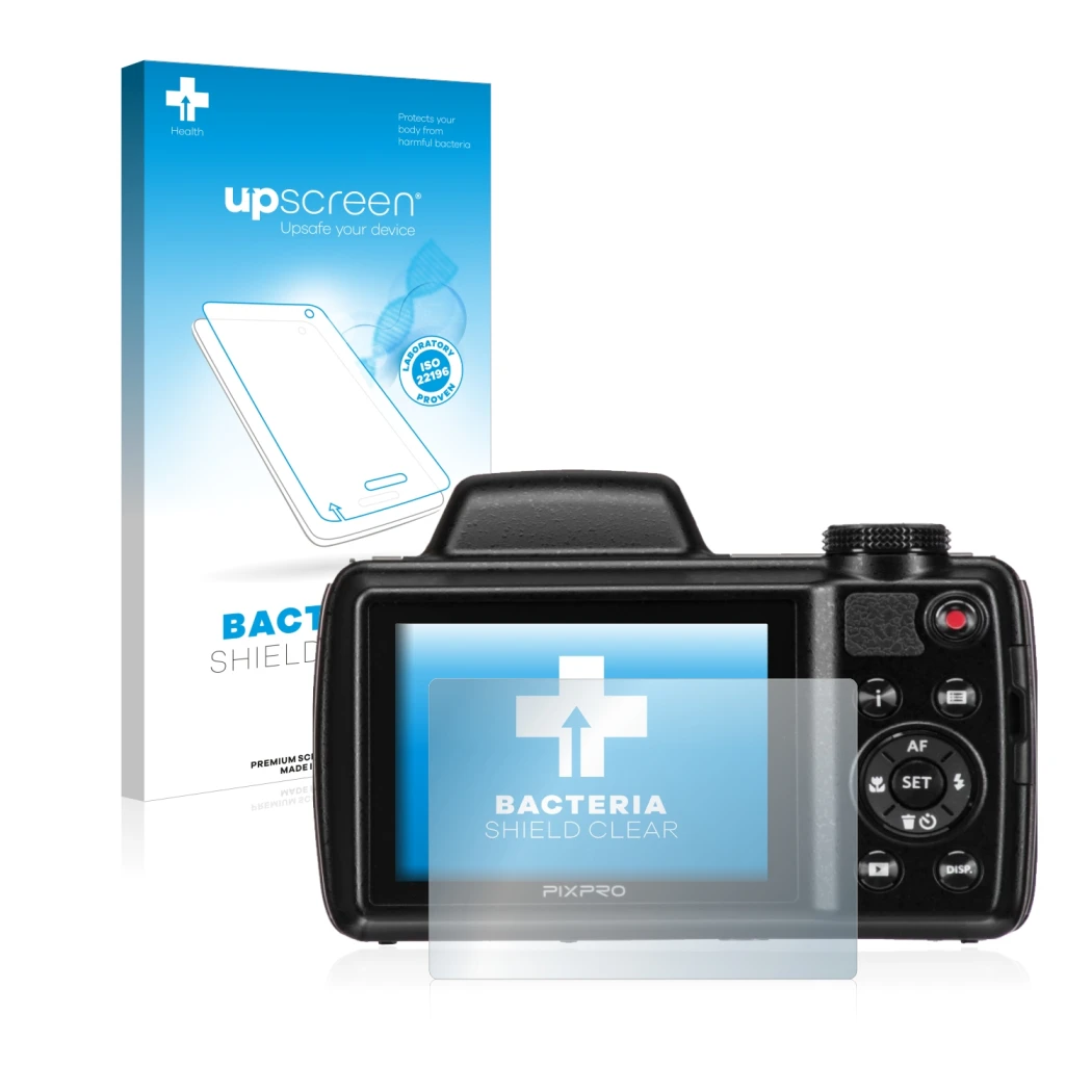 Vorderseite einer Produktverpackung mit dem Markenlogo upscreen. Daneben ist das Gerät Kodak Pixpro AZ525 mit dem zugehörigen 