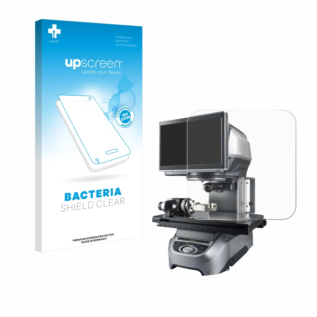 Vorderseite einer Produktverpackung mit dem Markenlogo upscreen. Daneben ist das Gerät Keyence IM-7020 Glasplatte mit dem zuge