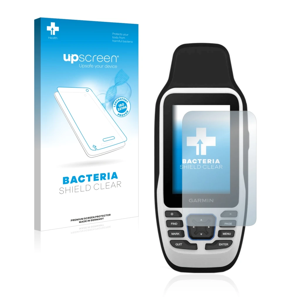 Vorderseite einer Produktverpackung mit dem Markenlogo upscreen. Daneben ist das Gerät Garmin GPSMAP 79s mit dem zugehörigen D