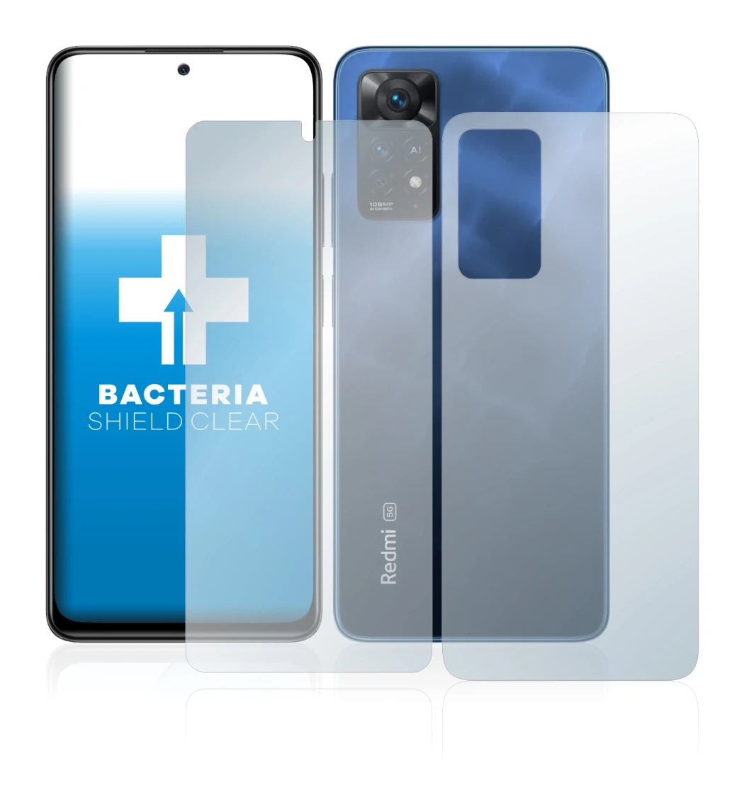 Abbildung des Geräts Xiaomi Redmi Note 11 Pro 5G (Display+Rückseite) mit einer Vielzahl des Displayschutzes.