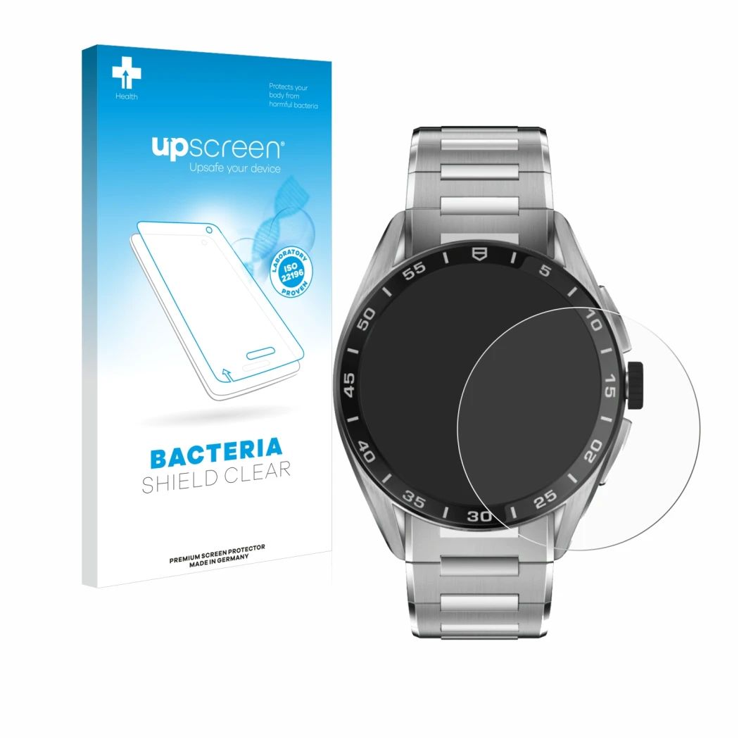 Vorderseite einer Produktverpackung mit dem Markenlogo upscreen. Daneben ist das Gerät TAG Heuer Connected Calibre E4 (45 mm) 