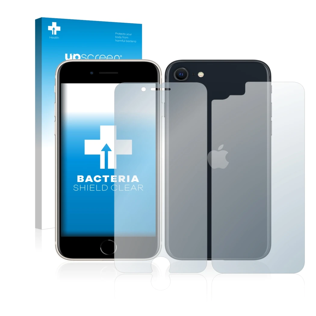 Vorderseite einer Produktverpackung mit dem Markenlogo upscreen. Daneben ist das Gerät Apple iPhone SE 3 2022 (Display+Rücksei