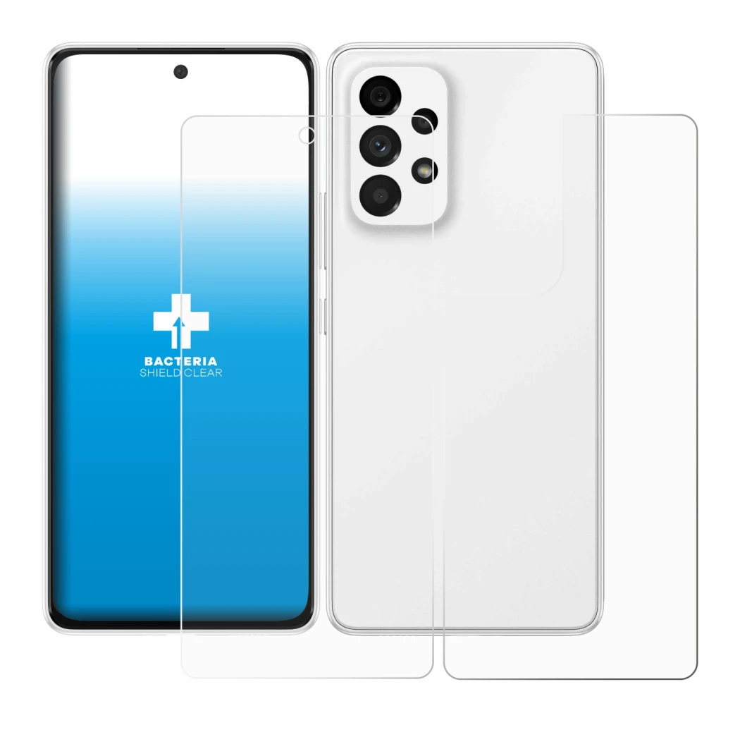 Abbildung des Geräts Samsung Galaxy A53 5G (Display+Rückseite) mit einer Vielzahl des Displayschutzes.