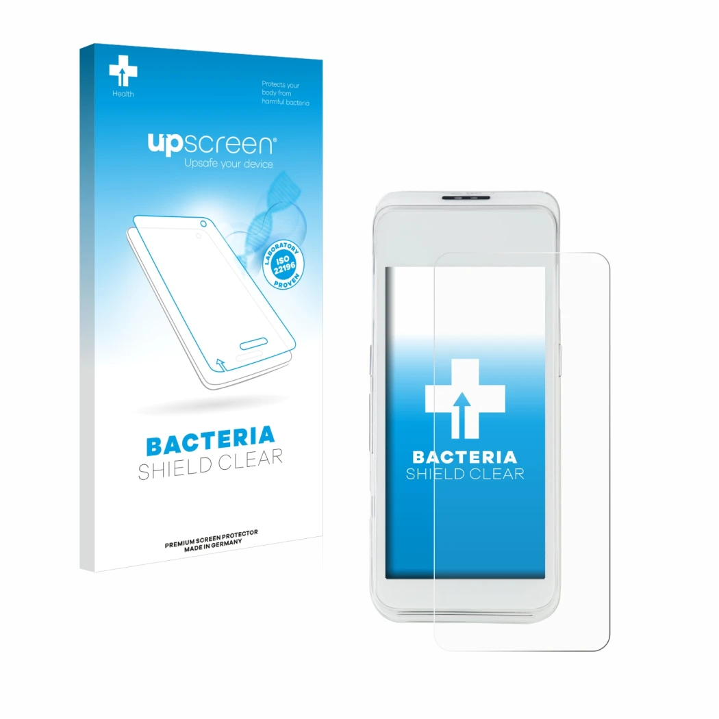 Vorderseite einer Produktverpackung mit dem Markenlogo upscreen. Daneben ist das Gerät Pax A920 Pro mit dem zugehörigen Displa