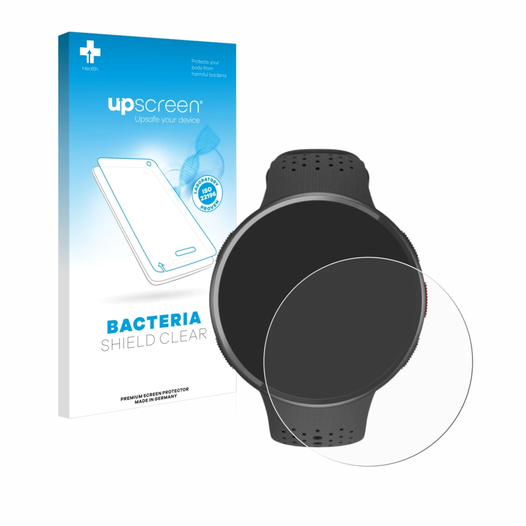 Vorderseite einer Produktverpackung mit dem Markenlogo upscreen. Daneben ist das Gerät Polar Pacer Pro mit dem zugehörigen Dis