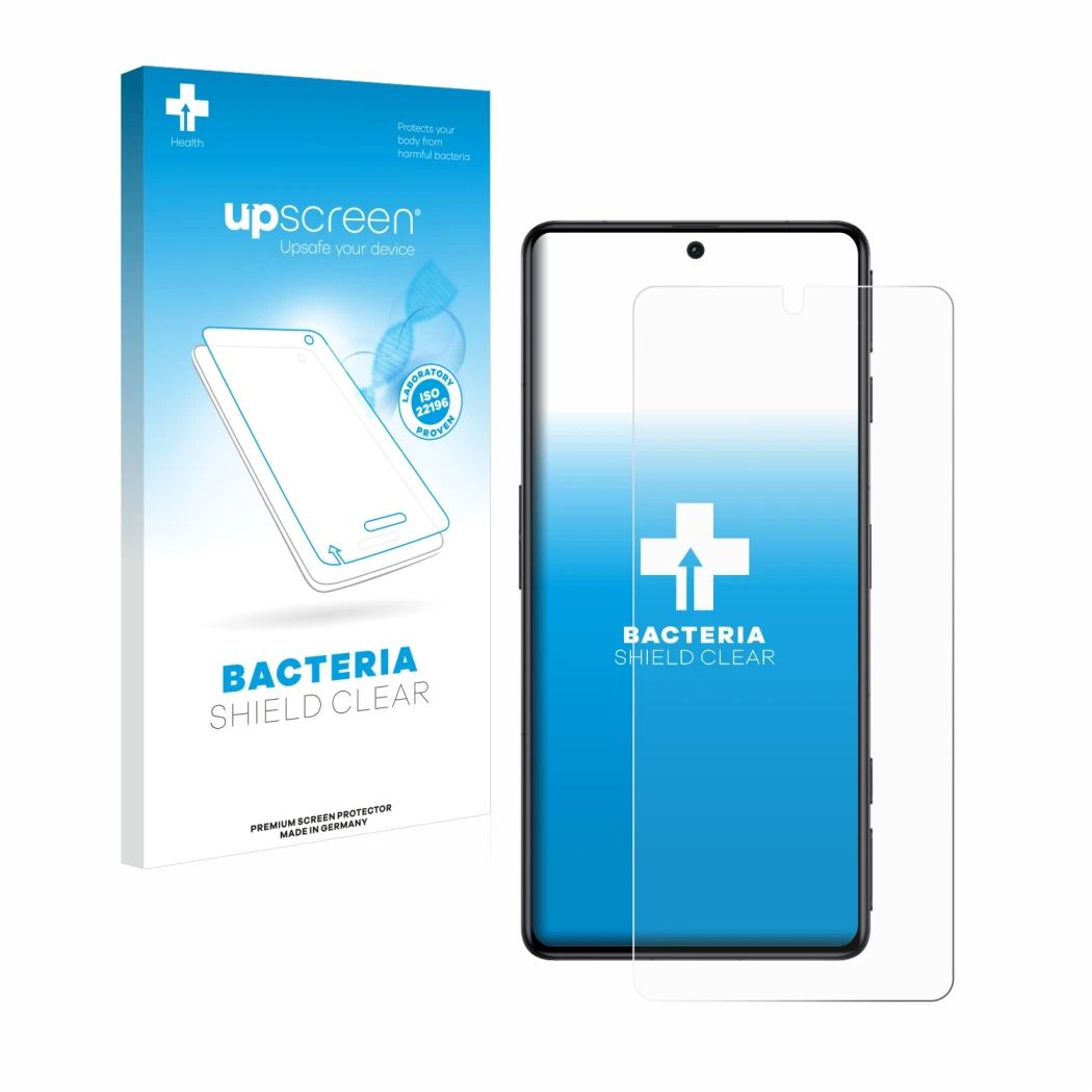 Vorderseite einer Produktverpackung mit dem Markenlogo upscreen. Daneben ist das Gerät Xiaomi Poco F4 GT mit dem zugehörigen D