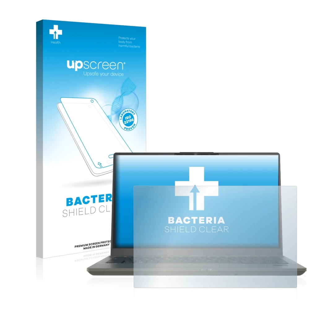 Vorderseite einer Produktverpackung mit dem Markenlogo upscreen. Daneben ist das Gerät Fujitsu Lifebook U7411 mit dem zugehöri