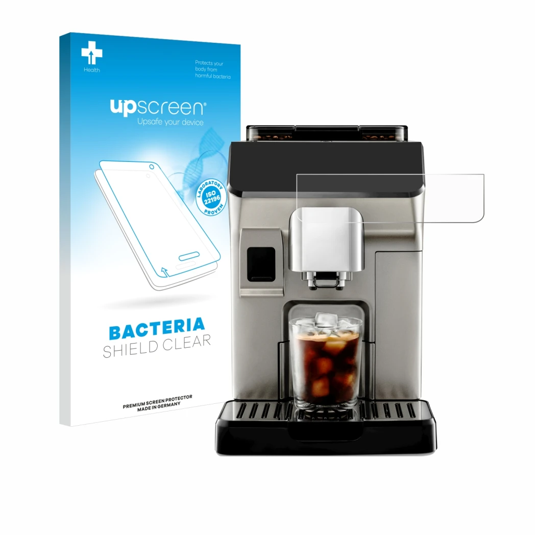 Vorderseite einer Produktverpackung mit dem Markenlogo upscreen. Daneben ist das Gerät DeLonghi Eletta Explore mit dem zugehör